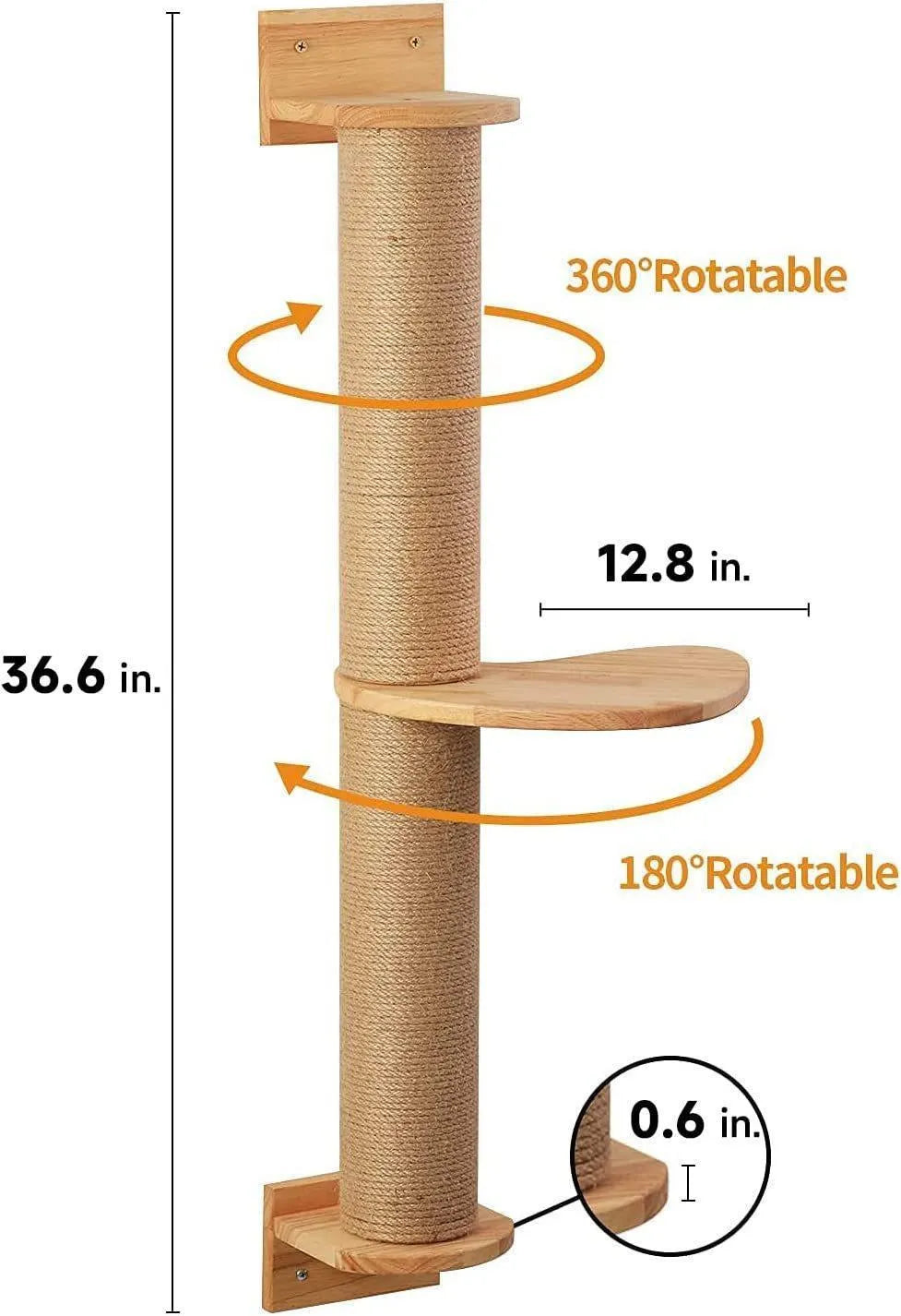 Wooden wall-mounted cat climbing frame with flax scratching post and jump platform in wood colour