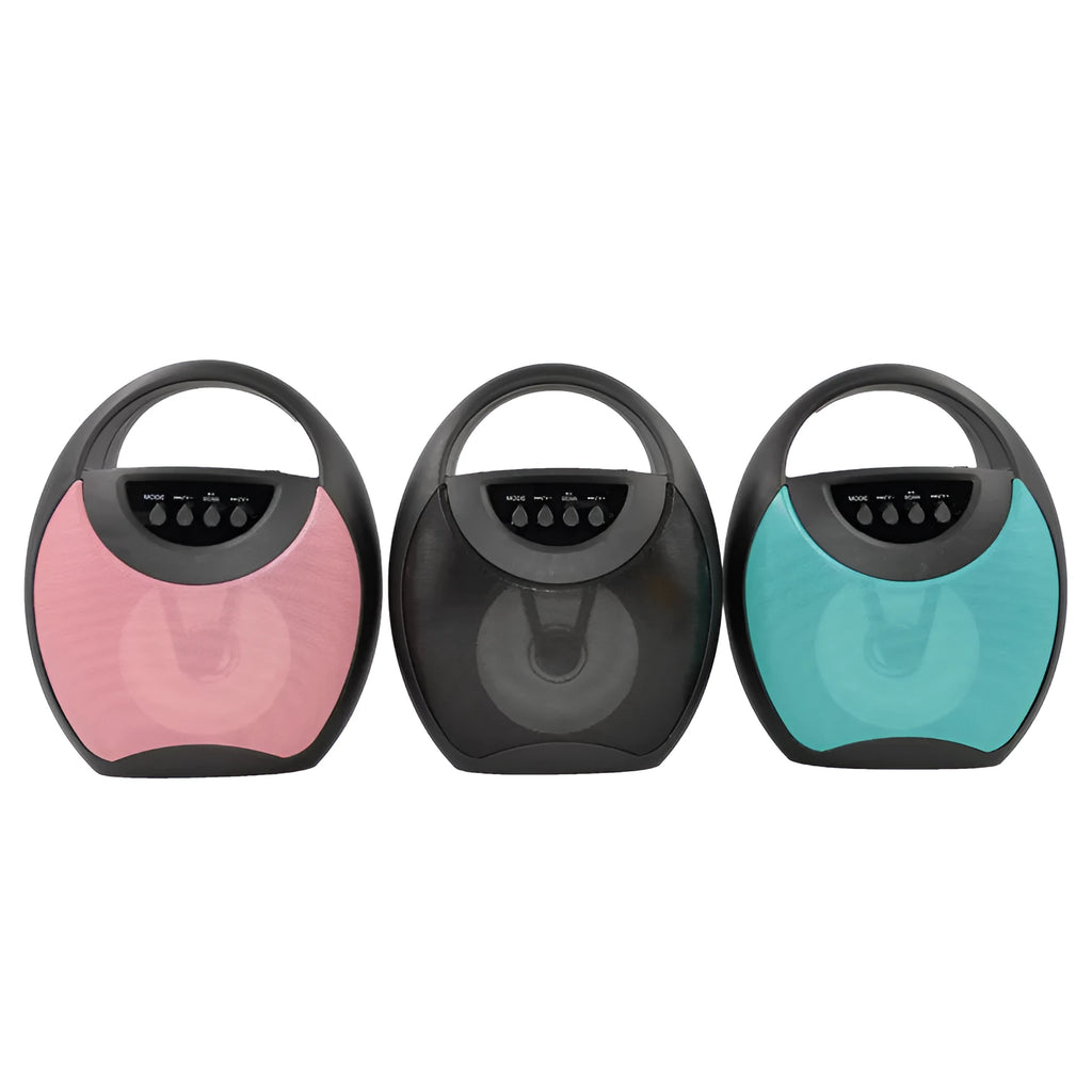 A portable Bluetooth speaker in black, blue, or pink plastic casing with USB and SD card slots.
