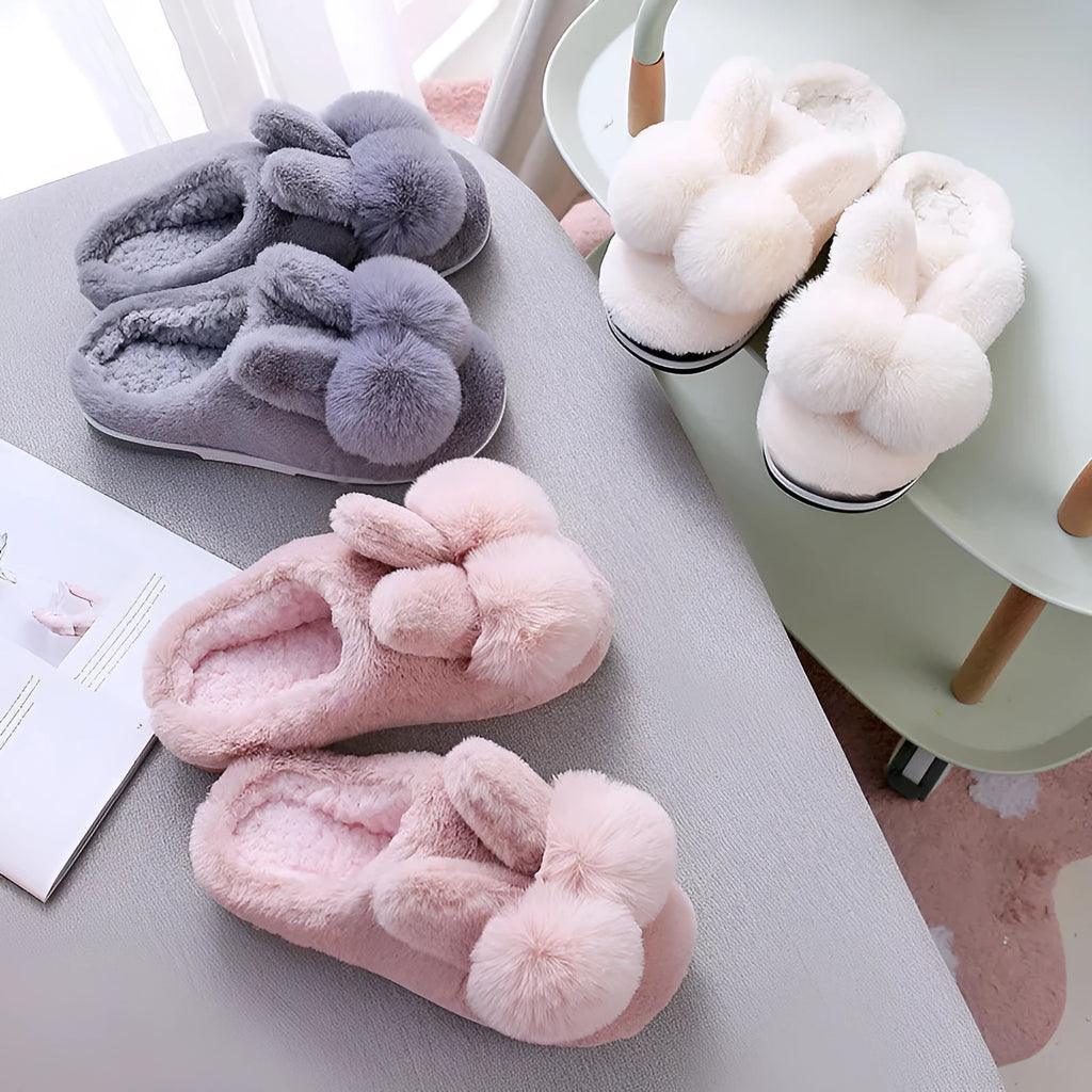 Women's high-top bunny fluffy slippers in creamy white with a flower pattern and rabbit fur.