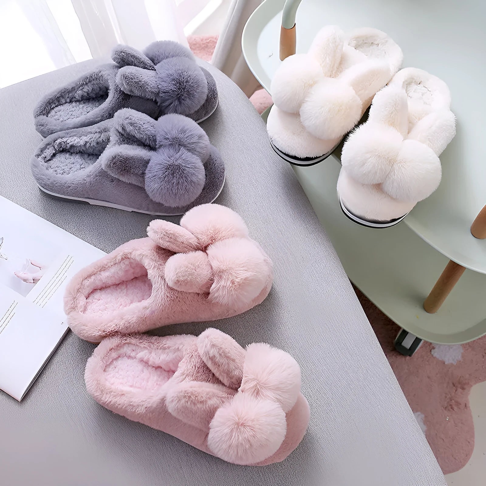 Women's high-top bunny fluffy slippers in creamy white with a flower pattern and rabbit fur.