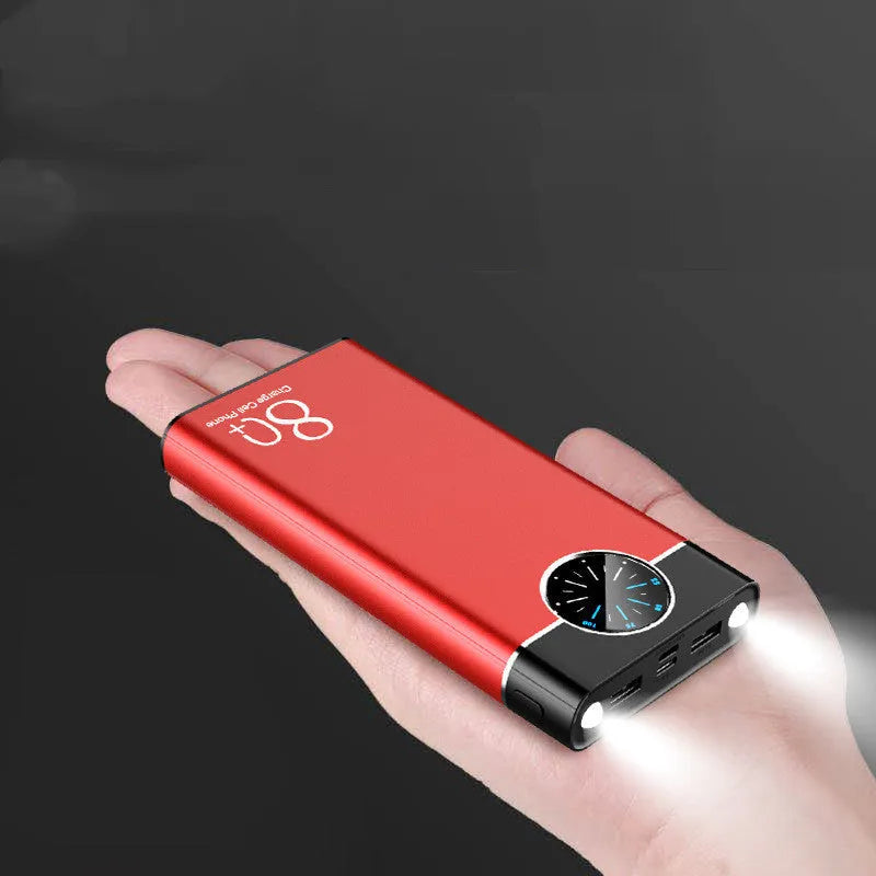 Slim black 20000mAh portable power bank with alloy shell and LED flashlight