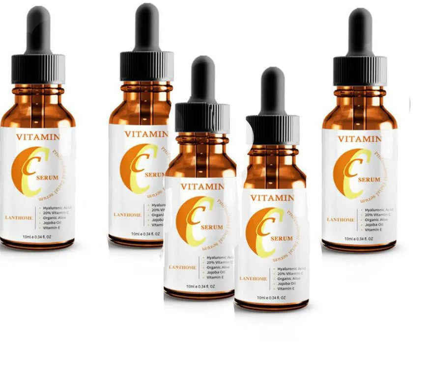 Bottle of Vitamin C and hyaluronic acid facial serum for skin brightening and anti-aging.