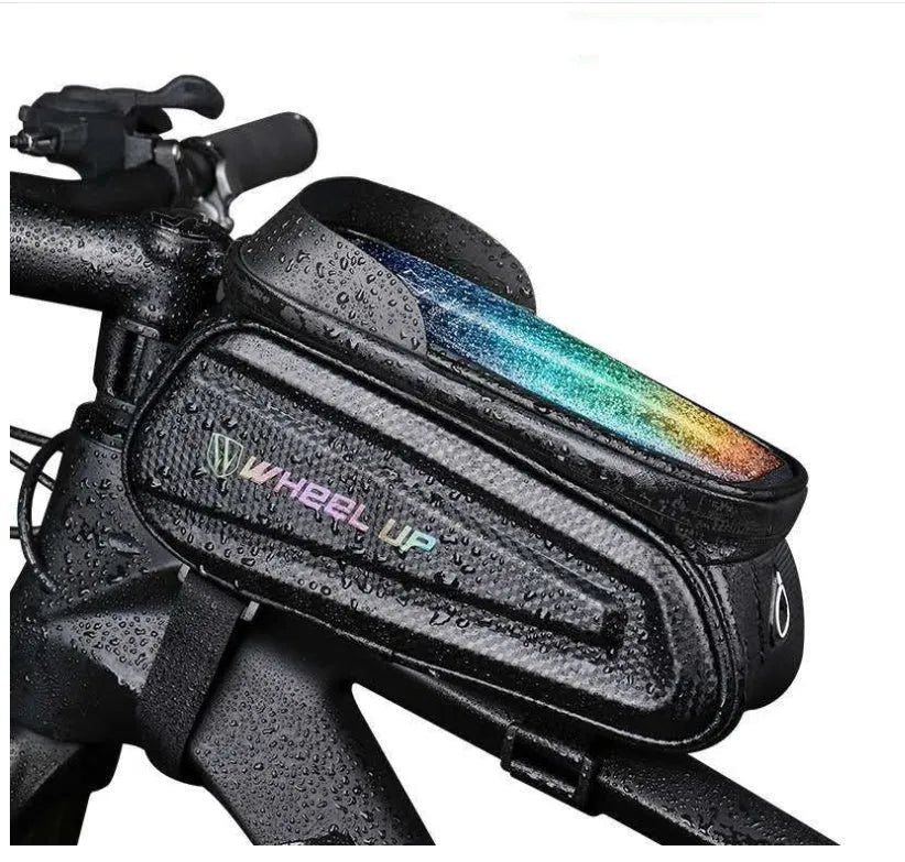 Black and grey mountain bike frame bag with reflective strips mounted on bicycle, showing touch-screen phone panel and adjustable straps