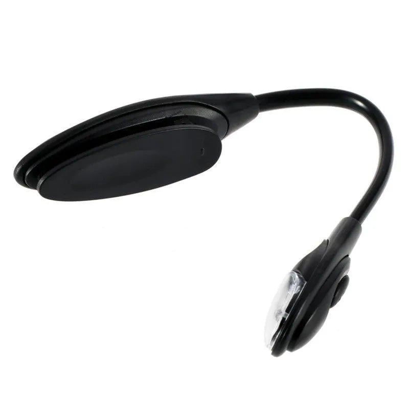 Mini clip-on LED book light with 26cm total length and metal clip on a book page