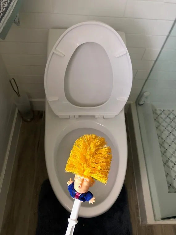 Yellow plastic Donald Trump novelty toilet brush with hanging slot, 40cm length