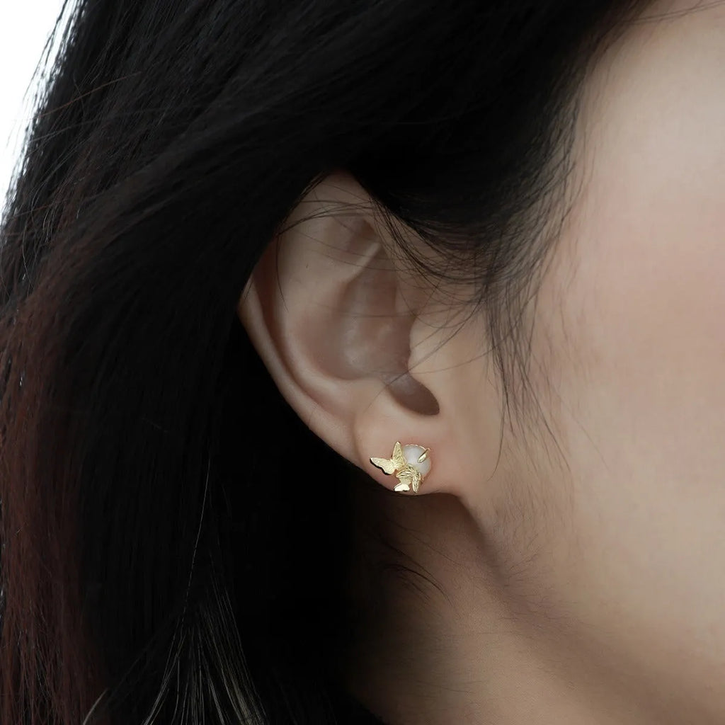 Butterfly design ear studs in 925 silver with gold or white gold electroplated finish