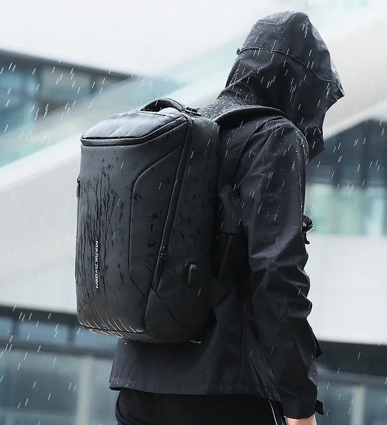 Black Oxford cloth backpack with USB charging port and 108° opening design, 20-35L capacity