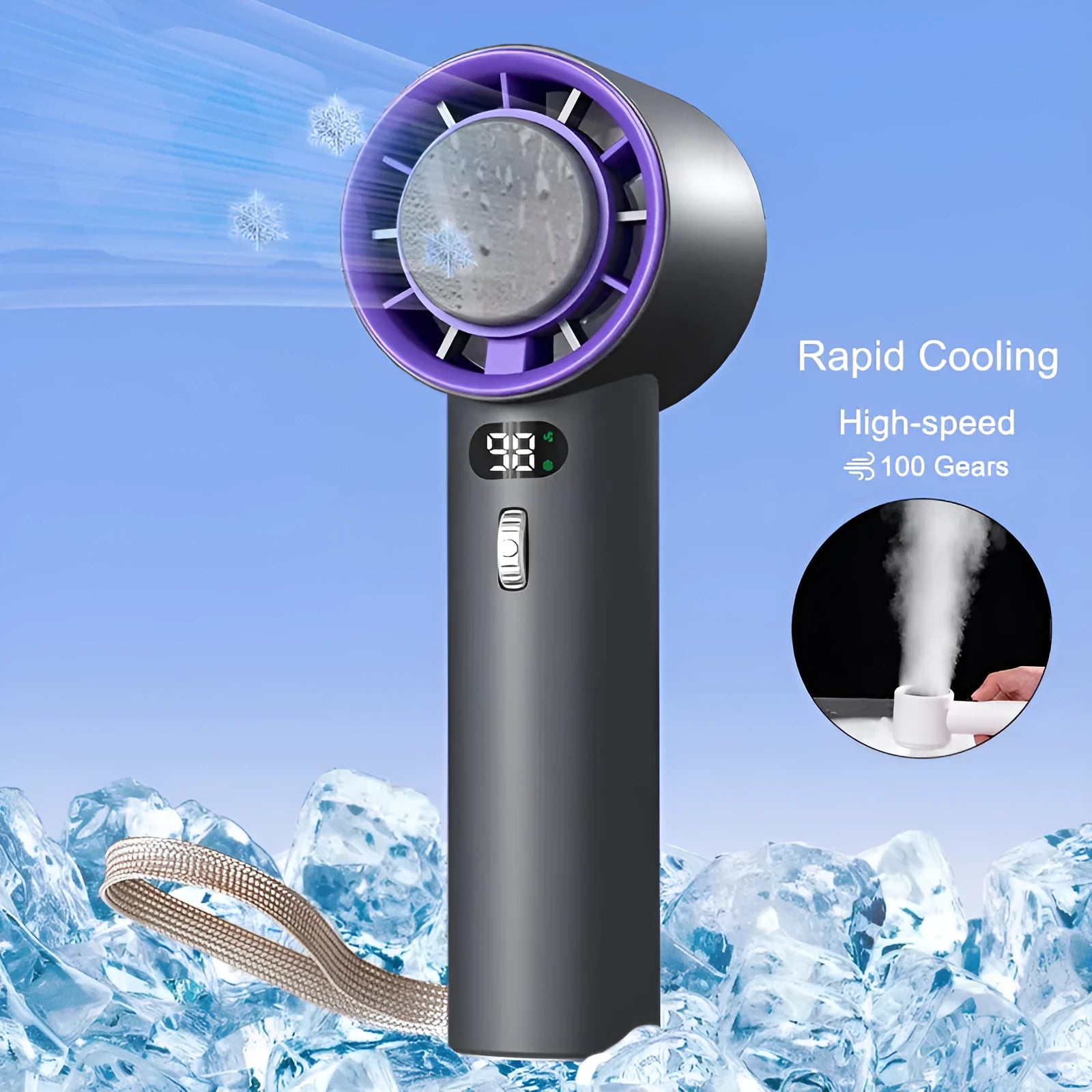 White handheld personal cooling fan showing turbine vent and adjustable controls.