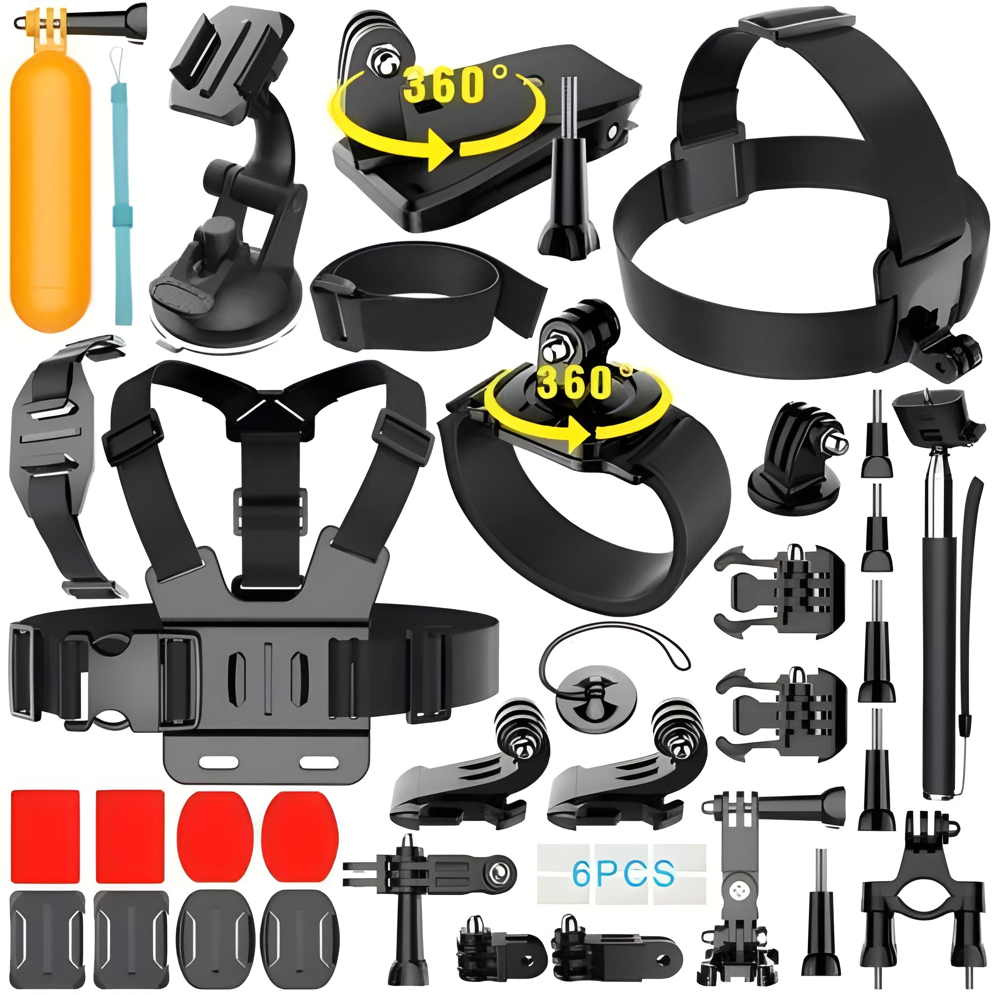 Black sports camera accessory kit with chest strap, head belt, car suction cup, and floating handle grip displayed on a white background