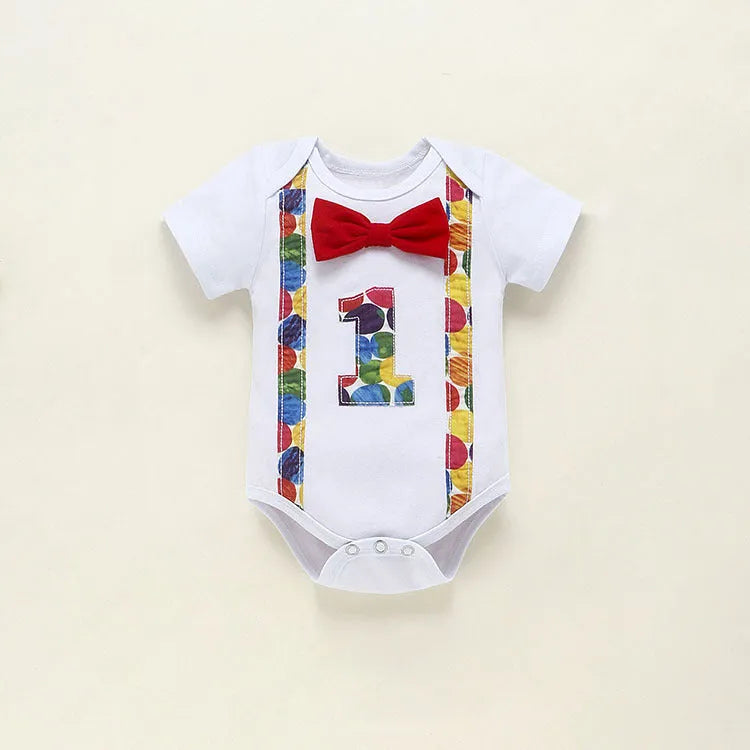 Cotton baby romper with dinosaur print and bows in blue