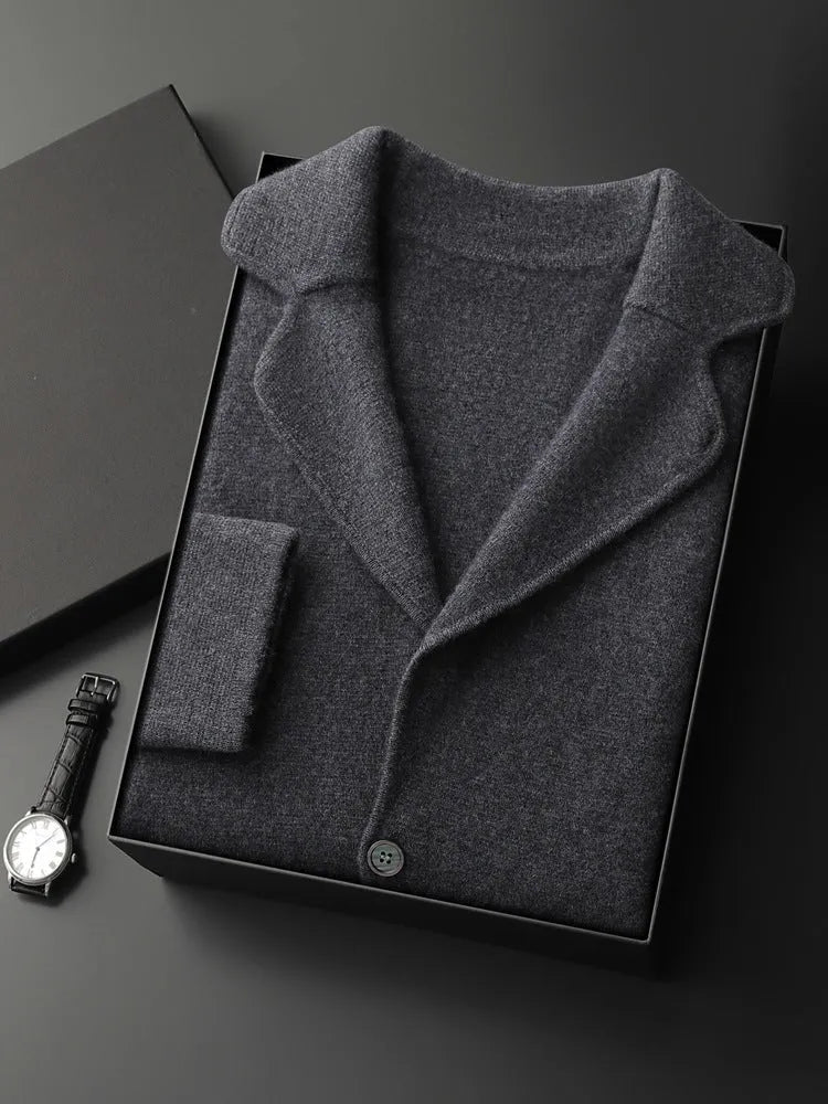 Men's cashmere cardigan knitted jacket in loose fit casual style showing colour options
