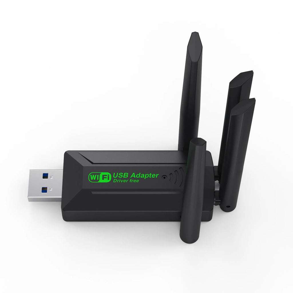 Black USB network transmitter with four extended antennas for wireless computer connectivity