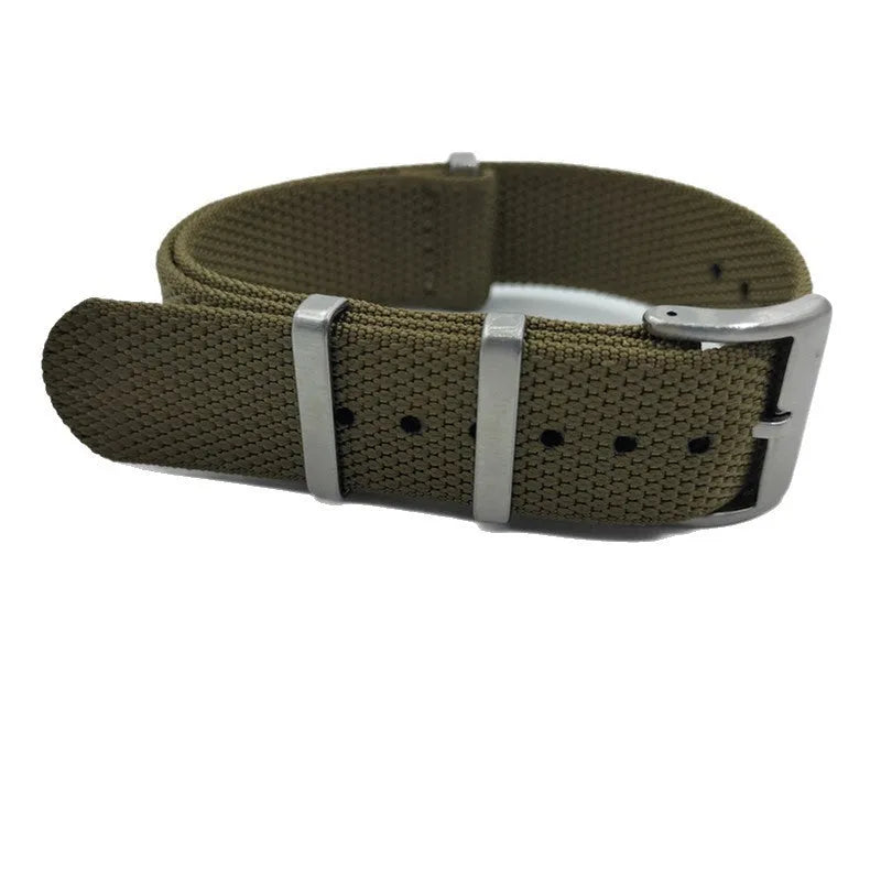 Nylon integrated watch strap in army green colour, showing the 20mm width option.
