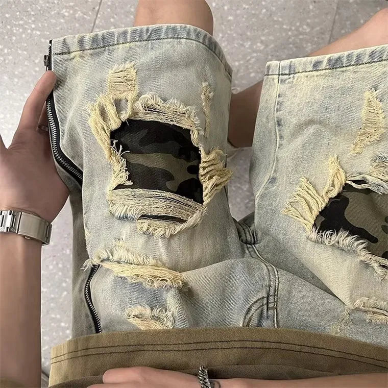 Men's straight-leg ripped camouflage denim shorts in yellow mud colours showing Korean style design