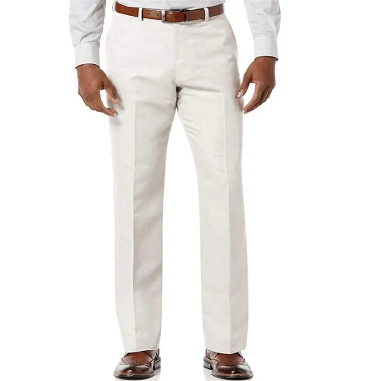 Men's beige white linen casual trousers with slant pockets laid flat.