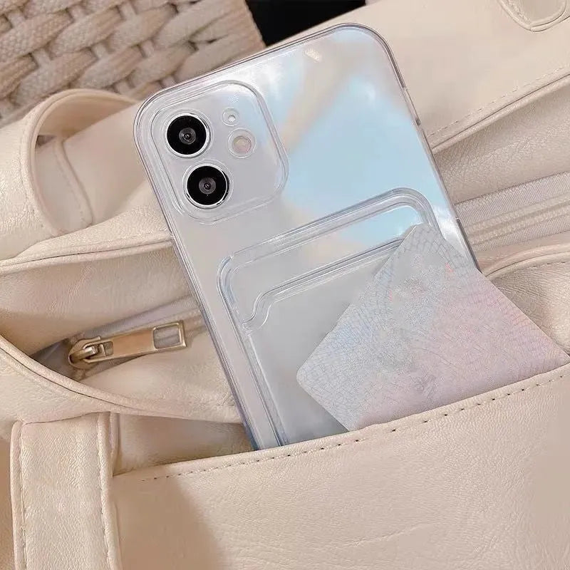 Transparent Apple iPhone wallet case showing card slots and clear PVC construction