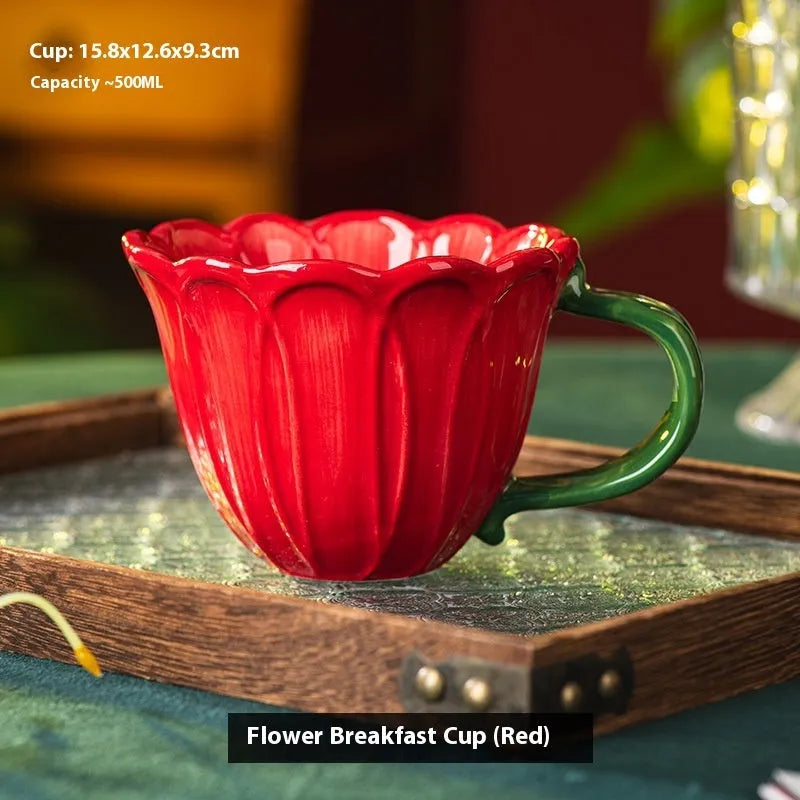 Ceramic breakfast cup with floral pattern, 500ml capacity, in red and purple colours.