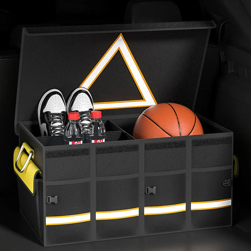 Black and yellow foldable fabric car boot storage organiser bag with handle.