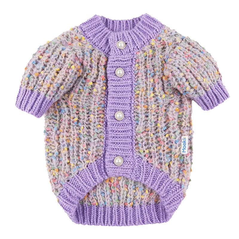 Purple dog cardigan sweater made from soft polyester fabric