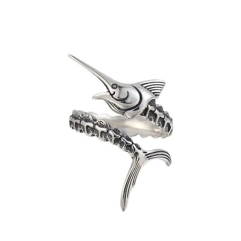 Retro simple Thai silver fish ring in flying fish colour, open mouth design, zinc alloy construction with carp motif