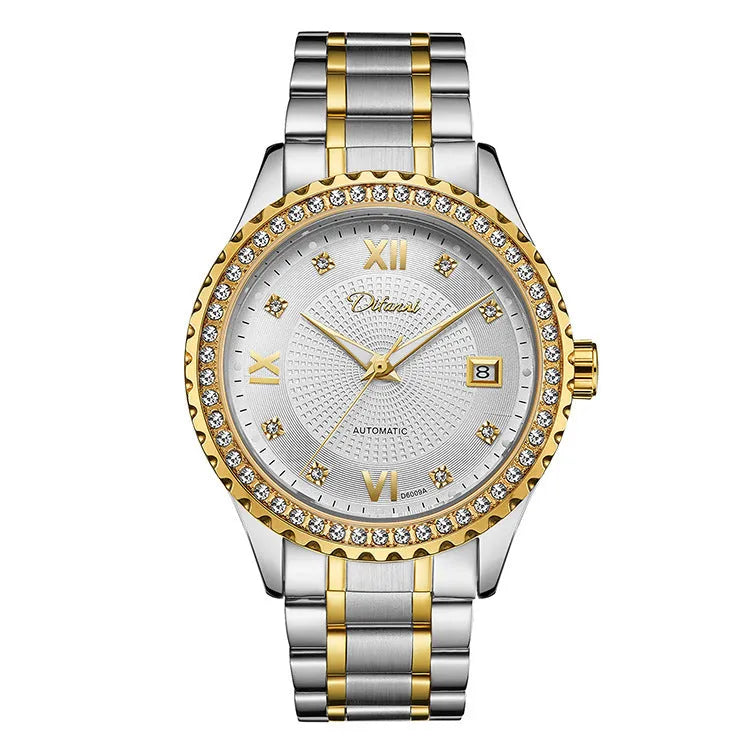 Fashionmonger men's gold automatic mechanical watch with black dial and luminous hands on a metal bracelet.