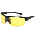 Men's polycarbonate cycling sunglasses in a semi-frameless sports frame on a blue background.
