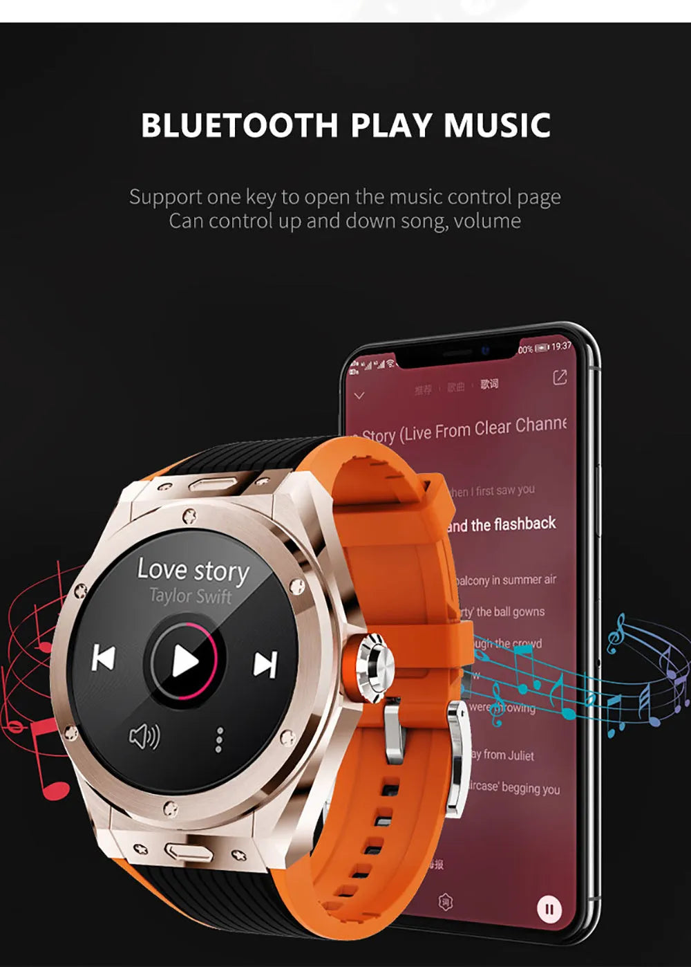 Black smartwatch with Bluetooth call, health monitoring, and a 1.28-inch screen on a silicone sports strap.