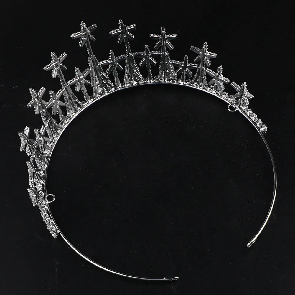 Copper bridal crown with zircon accents in gold finish on a stand