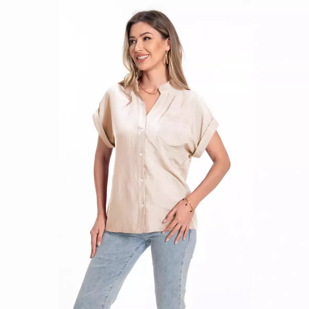 Women's stand collar summer top with button detail and raglan sleeves in loose fit design