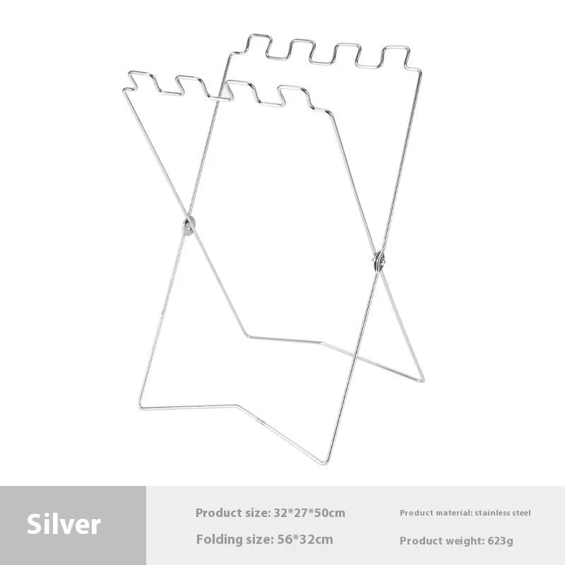 Stainless steel folding garbage bag bracket in collapsed position showing silver finish