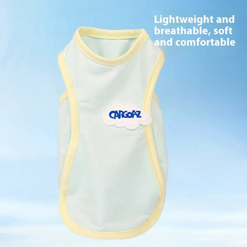 Grass green thin polyester vest for a cat on a white background, showing anti-lint sports style.