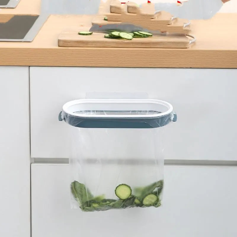 Blue plastic wall-mounted kitchen bin bag storage rack