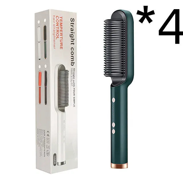 Red and black dual hair straightener and hot comb with digital display and rotating power cord.