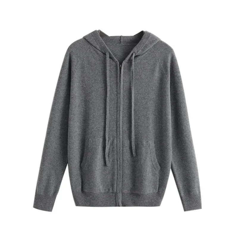 Men's solid colour cashmere hooded cardigan with a full zipper front and long sleeves.