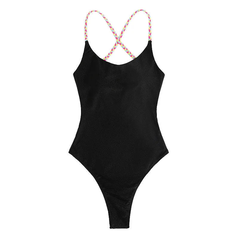 Black solid colour backless one-piece swimsuit made from nylon fabric
