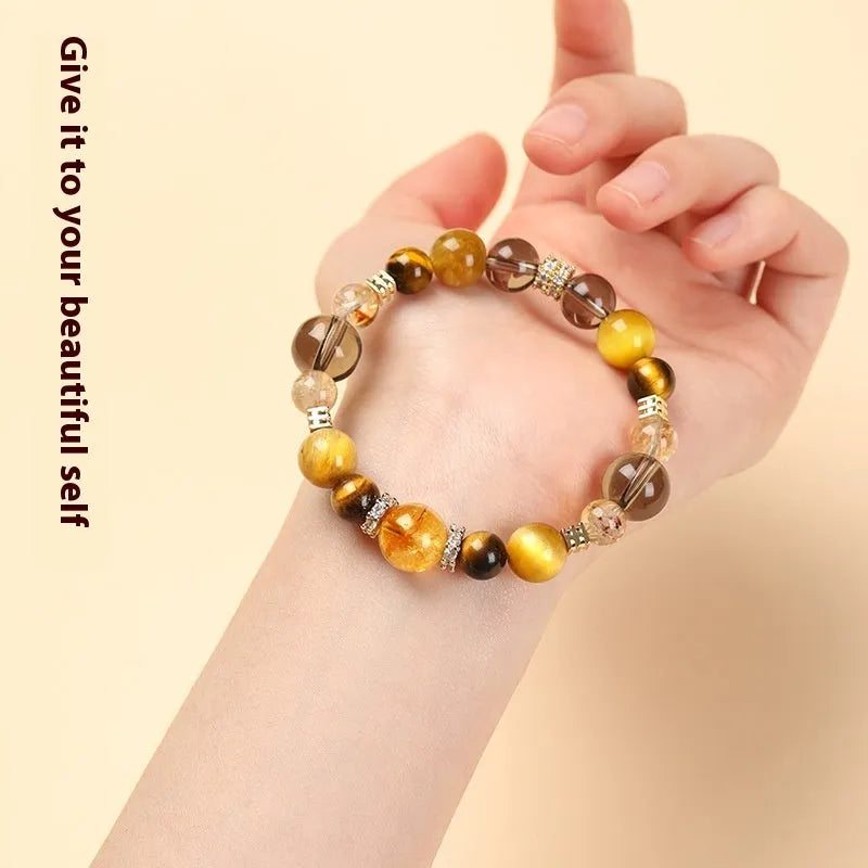 Natural yellow tiger-eye crystal bracelet with geometric tower design and 10MM beads