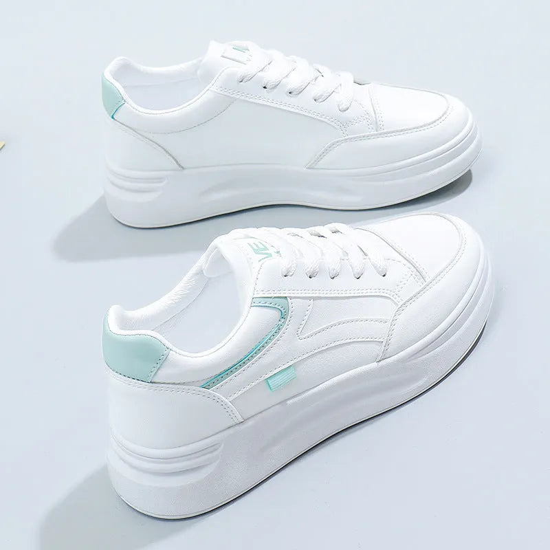 Women's casual sports board shoes artificial leather round toe lace-up solid colour white and green