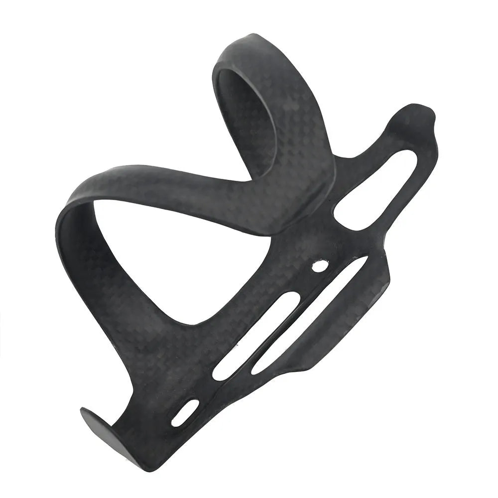 Black carbon fibre side-pull water bottle cage for bicycles with 65mm mounting holes.