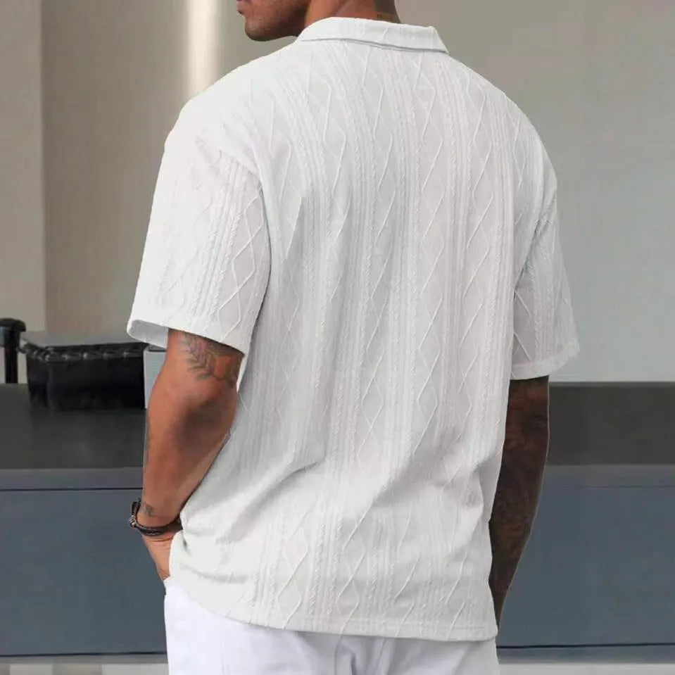 Men's short sleeve t-shirt with a retro button lapel detail and slit hem, in a solid colour.