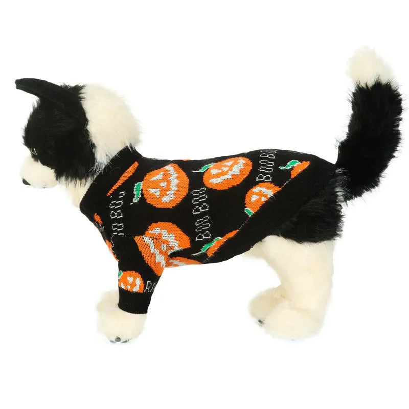 Black polyester Halloween dog sweater with orange pumpkin pattern showing front view