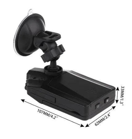 H198 car dash cam on a dashboard showing its 2.4-inch screen and infrared LEDs for night vision.