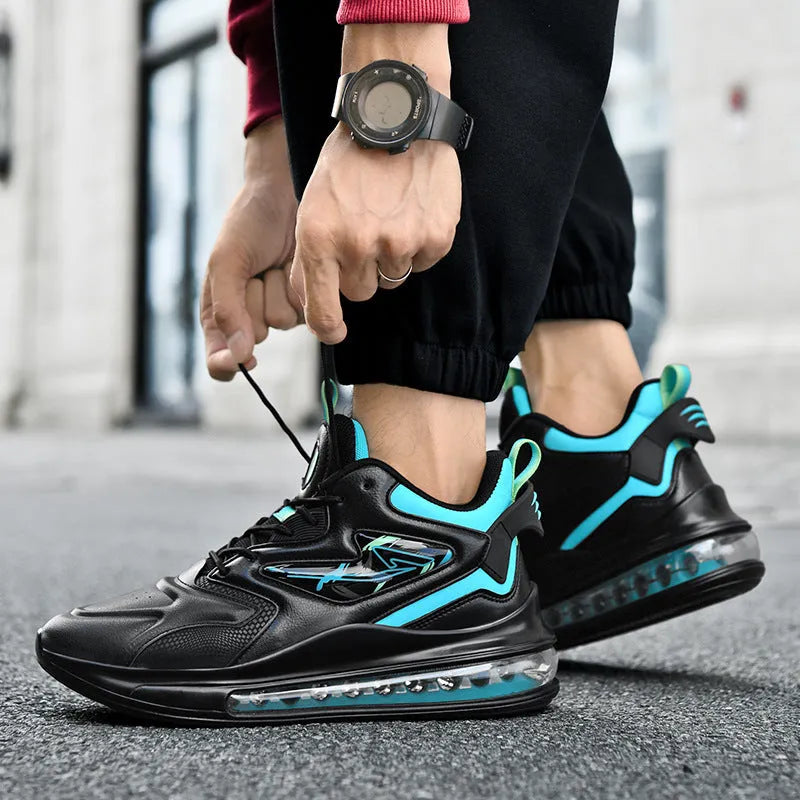 Men's colour-matching lace-up air cushion sneakers with thick sole, microfiber upper, and PU sole in black, green, and white