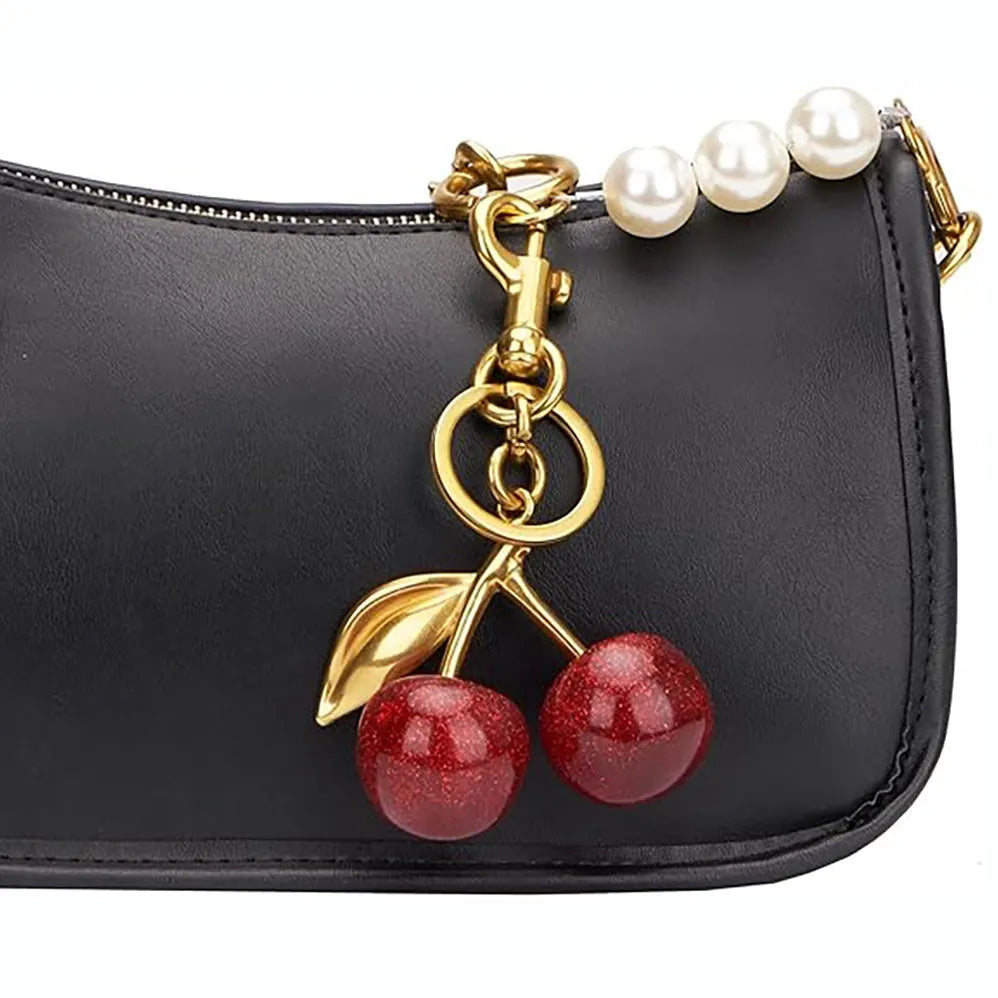 Zinc alloy cherry-shaped key pendant in pink colour with three-dimensional design for car keys or bag charms