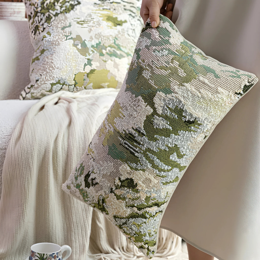 Antique green wool blend cushion cover with spring flowers pattern, shown in square and rectangular waist pillow sizes.
