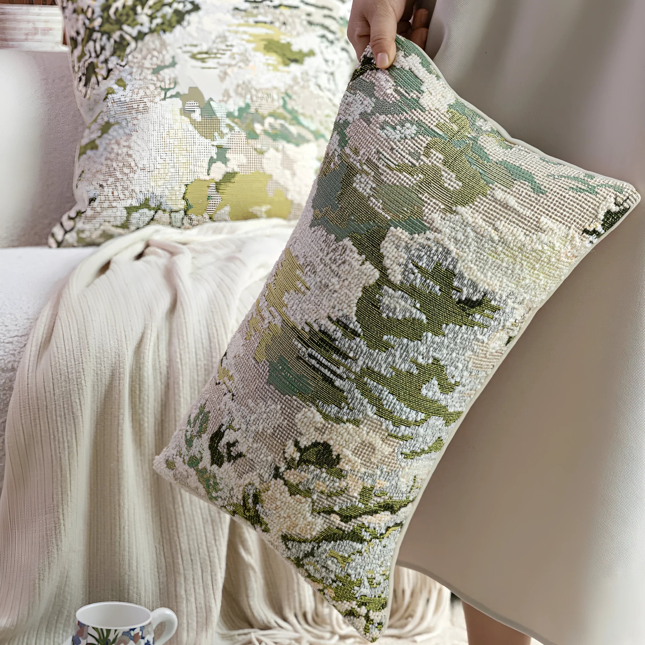 Antique green wool blend cushion cover with spring flowers pattern, shown in square and rectangular waist pillow sizes.