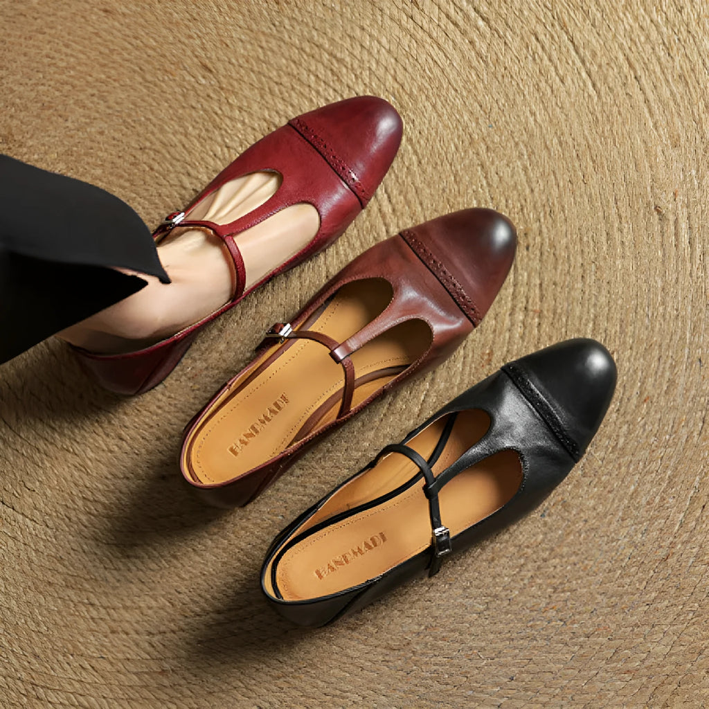 Women's T-shaped buckle cowhide round toe wedge flats in solid colour, high mouth design, brown colour option