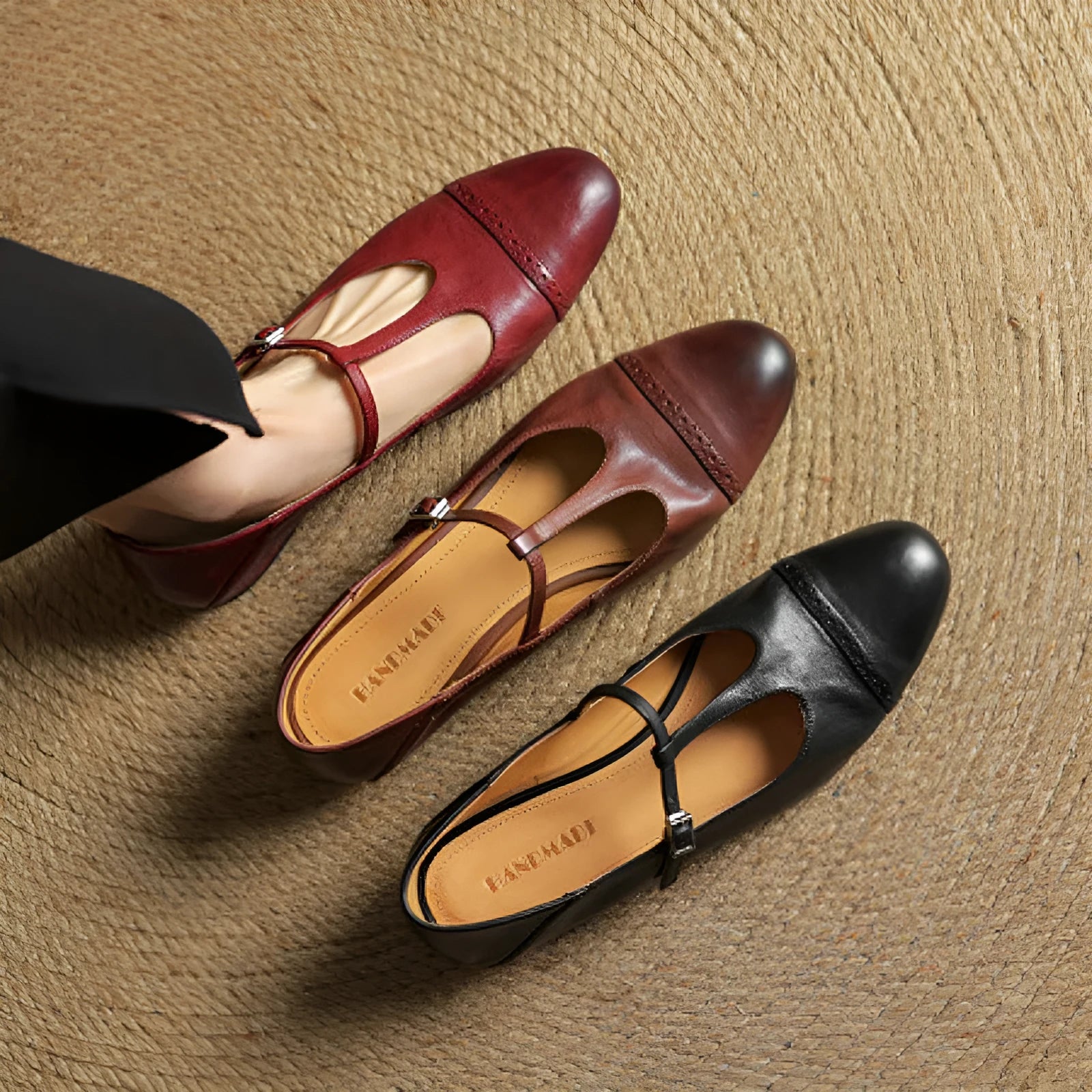 Women's T-shaped buckle cowhide round toe wedge flats in solid colour, high mouth design, brown colour option