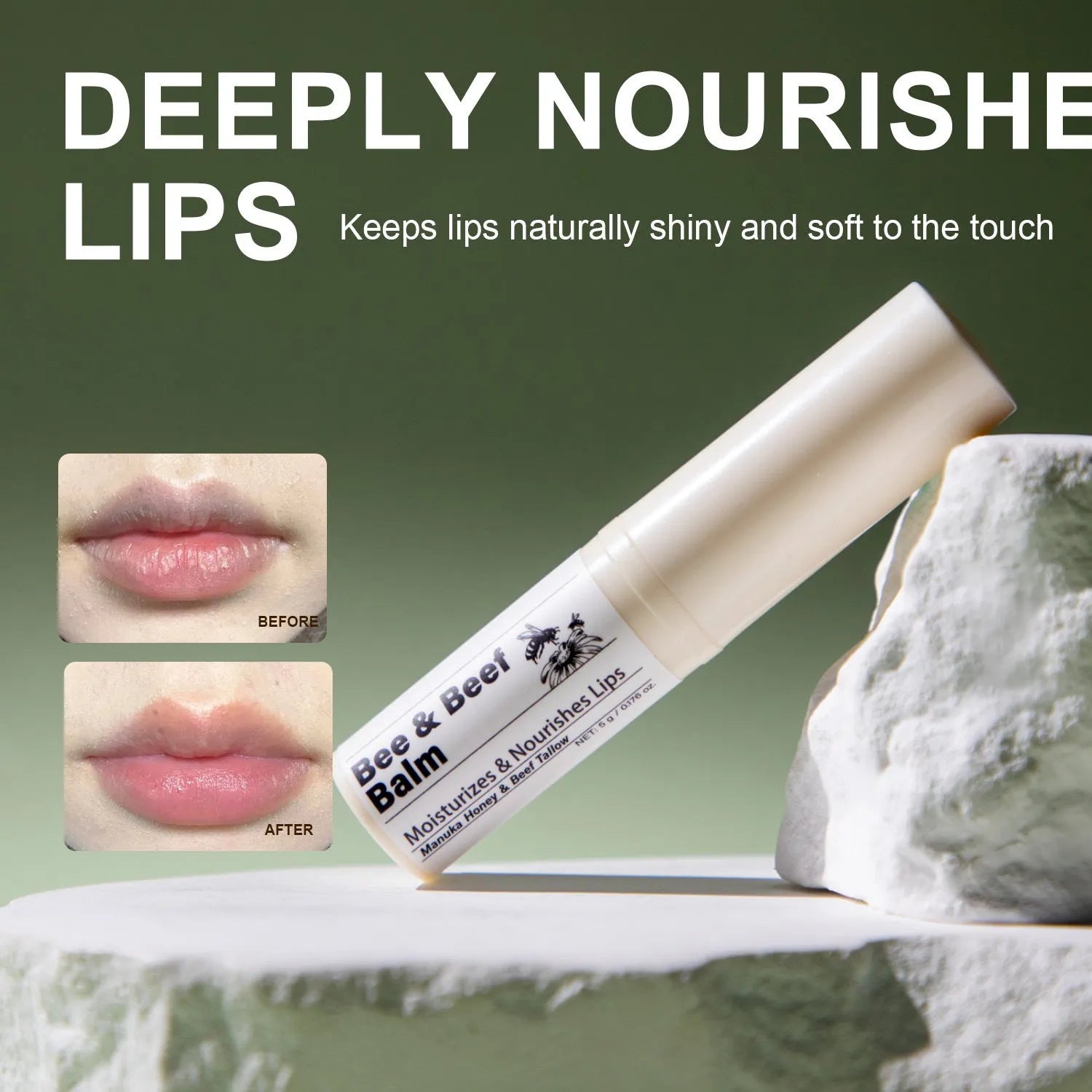 Beef fat lip balm tube with organic grass-fed butter, 83mm by 19mm dimensions