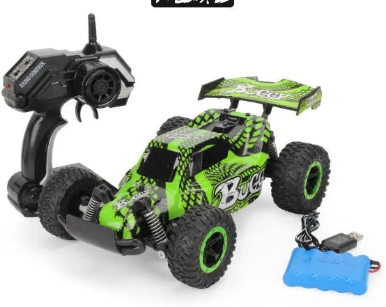 Blue 1:18 scale remote control off-road drift car with 2.4Ghz transmitter on a flat surface.
