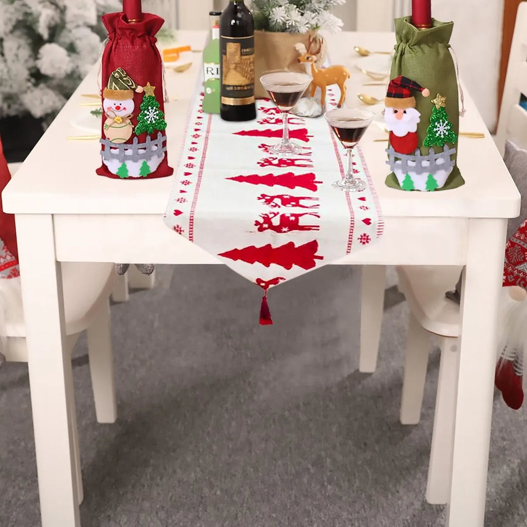 Christmas table runner with elk and snowman designs in cotton linen fabric